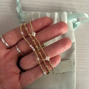 E Newton - Bracelet Stack- 4mm and 2mm bead bracelet- Gold- Signature cross NWT